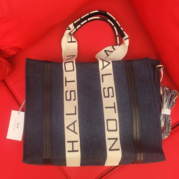 H by Halston Handbags - H BY HALSTON LARGE TOTE BAG DENIM BLUE CANVAS W/ CROSSBODY STRAP